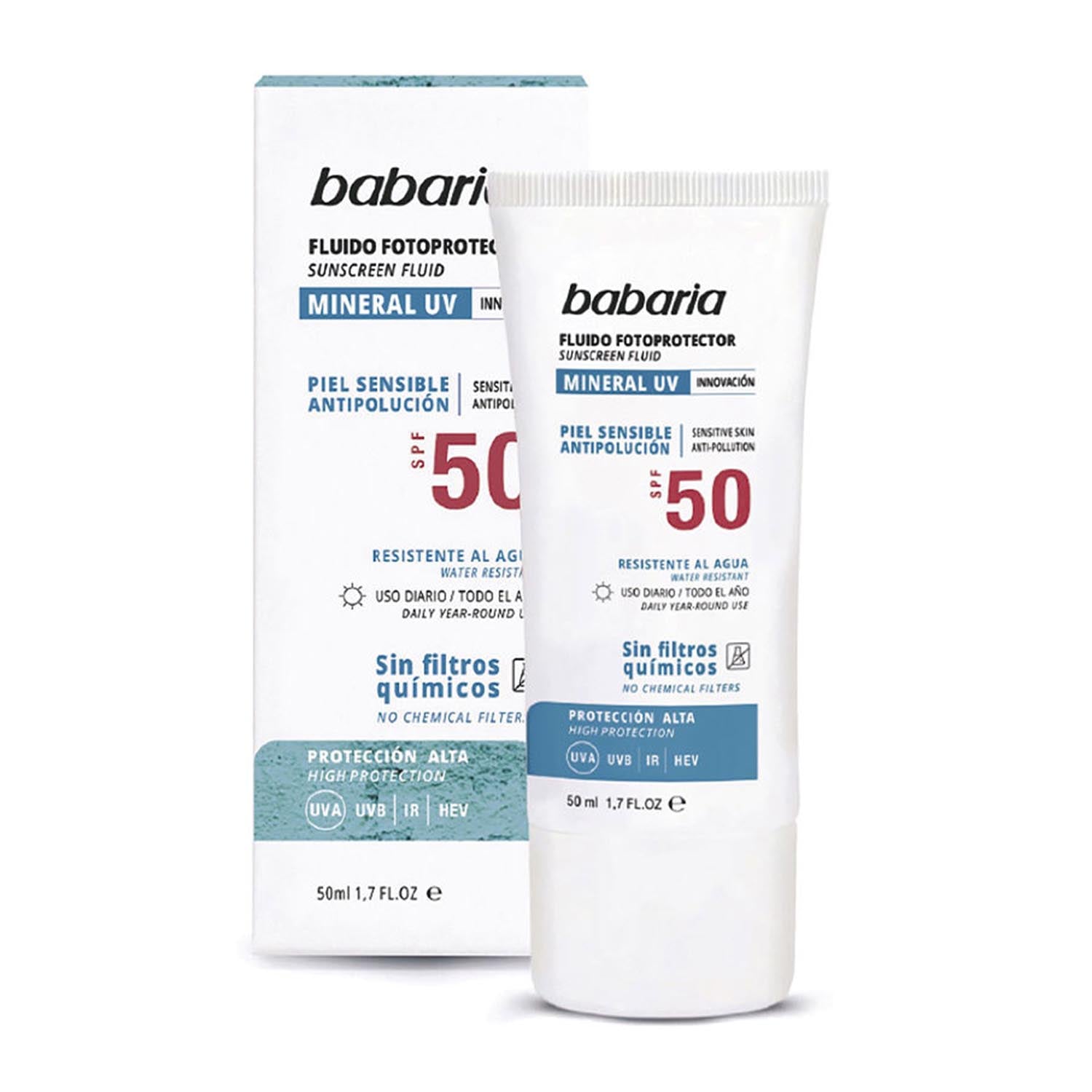 Babaria Mineral Uv Fluido Piel Sensible Spf50 Anti-Polucion Resistente Al Agua 50Ml